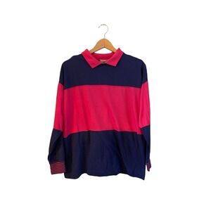 Jordache Vintage Sz L Colorblock Striped Long Sleeve Polo Pink Navy Women's